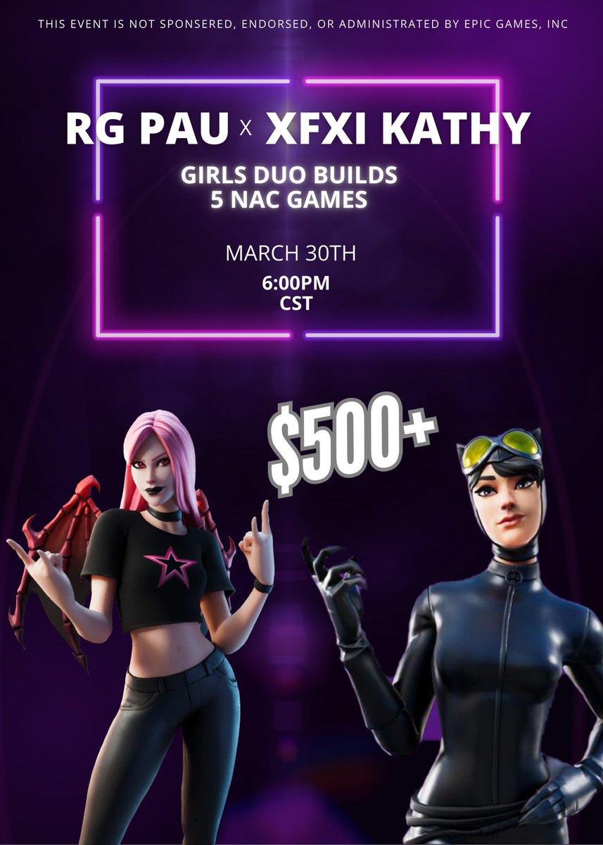 💜RG PAU x XFXI Kathy💜
  ~ $500+ Girls Duo Builds ~

🗓️ March 30th, 6pm CST
💟 5 NAC Games

To be considered ↓
~ Follow <a href="/stfupauu/">pau</a> &amp; @XFXIKathy 
~ Like &amp; Retweet 
~ Tag your duo below 

Invites will be sent out on ↓
☑️ March 18th
(If anyone would like to sponsor pls lmk)