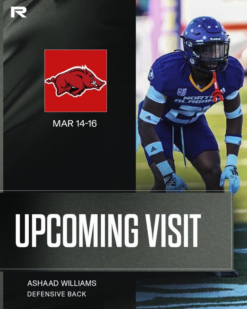FCProspects_'s tweet photo. One of the best available DBs in the portal North Alabama Grad Transfer CB Ashaad Williams (@ashaadwilliams) 6’2 180, has scheduled his 1st OV with #Arkansas . 

Williams posted a 81.6 DEF grade in ‘24 and had 10 PBUs and 2 INTs this season along with 5.5 Career TFLs.

He has heard from 16 FBS teams and counting already this early since entering the portal. HWS Length prospect that is a great overall athlete with a high ceiling.
