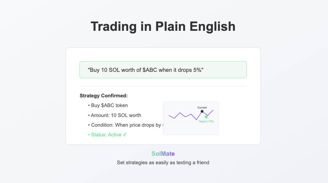 SolMate_AI_'s tweet photo. "Buy 10 SOL worth of $ABC when it drops 5%." 

Set strategies in plain English with SolMate. 💬📊✨

#SolMate #Solana #AI https://t.co/I4Yb4Bm45j