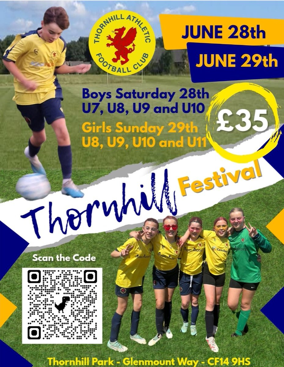 ThornhillAthFC's tweet photo. After the success of last seasons football festival we are pleased to announce our dates for this year ! Please either scan the QR code or click the link to enter https://t.co/egmhntcBoD
(Book fast as spaces sold out quickly last year) https://t.co/O60lrmRN4s