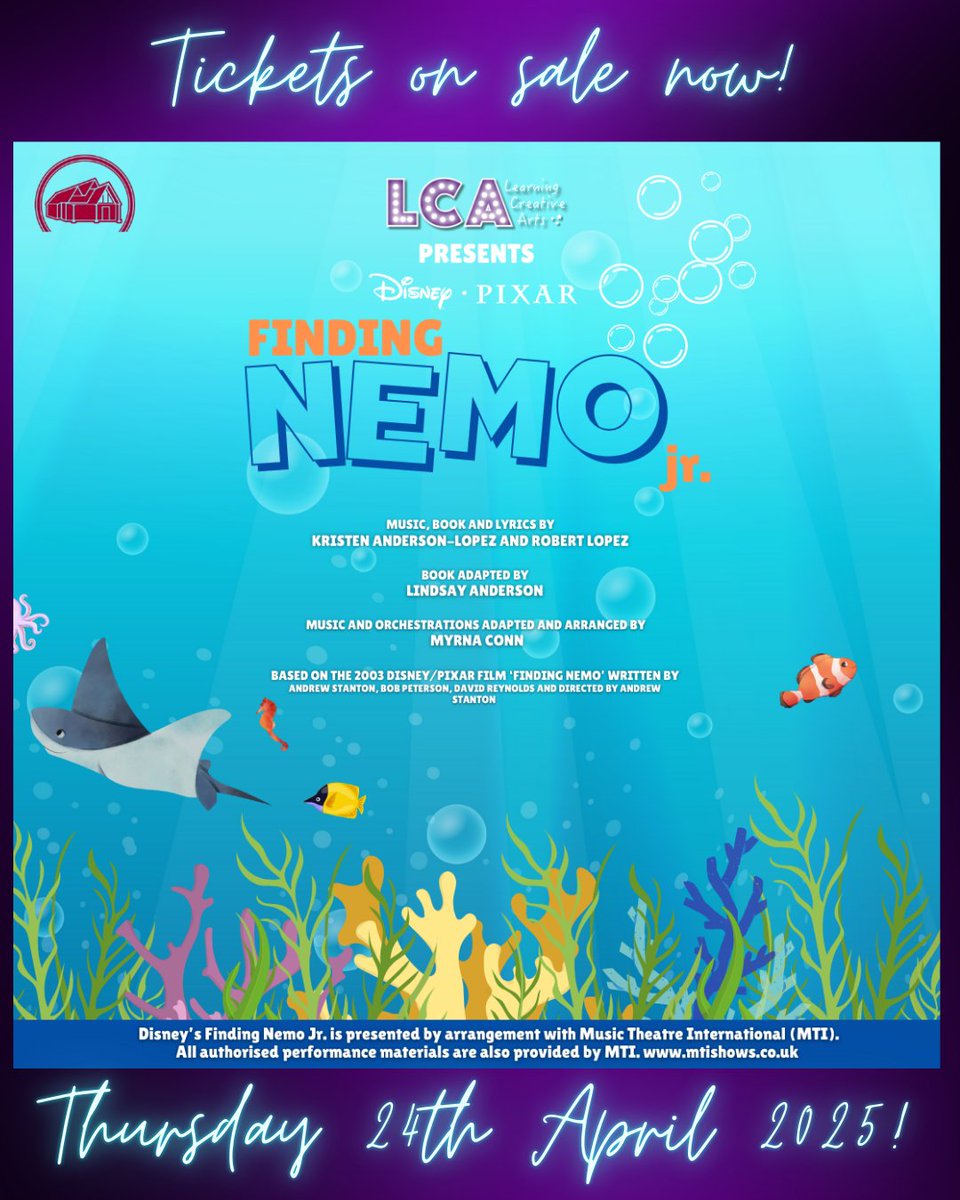 ✨ LCA Junior MT SHOW TICKETS ARE ON SALE! ✨

LCA's Junior MT Performers are performing Finding Nemo JNR on Thursday 24th April at the Barn Theatre and we are beyond excited! Please come along to support them, ticket link below! 🎶💃🏻🎭🎉💜✨

ticketsource.co.uk/barn-theatre/t…

🐟🐠🌊🐙🪸