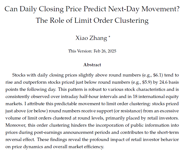 Do stock prices behave weirdly around "round numbers"? Are technical analysis things like "support" and "resistance" real?

This cool paper says yes: stocks priced just above round numbers, like $6.1, tend to go up; stocks just below round numbers, like $5.9, tend to go down!