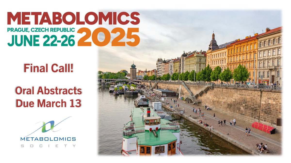 Metabolomics Society (@metabolomicssoc) on Twitter photo Last call to present on stage in Prague! Oral abstract extended deadline is approaching - March 13. 
If you're applying for travel awards please check membership eligibility requirements online! 
metabolomics2025.org 
#MetSoc2025 #metabolomics Last call to present on stage in Prague! Oral abstract extended deadline is approaching - March 13. 
If you're applying for travel awards please check membership eligibility requirements online! 
metabolomics2025.org 
#MetSoc2025 #metabolomics