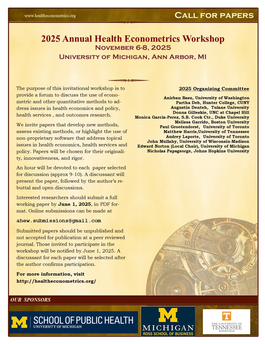 Annual Health Econometrics Workshop (@healtheconmetrx) on Twitter photo Call for Papers! The Annual Health Econometrics Workshop will be hosted by Edward Norton and the University of Michigan, Nov. 6-8, 2025. If you are working on methodological advancements in health economics we'd love to see your work. Please send to:
ahew.submissions@gmail.com Call for Papers! The Annual Health Econometrics Workshop will be hosted by Edward Norton and the University of Michigan, Nov. 6-8, 2025. If you are working on methodological advancements in health economics we'd love to see your work. Please send to:
ahew.submissions@gmail.com