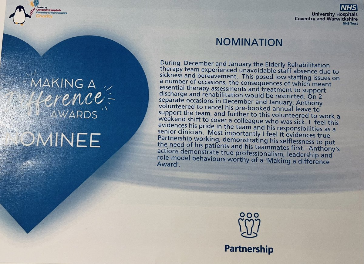 ny_Maximilian's tweet photo. A pleasure to have been presented with a nomination in the "Making a Difference Awards" 

My appreciation to my Team, my Team Leader, the Therapy Department and UHCW at large. 

We strive to keep the flag flying. 
#makingadifference #partnershipworking https://t.co/dg4XWw9qA5