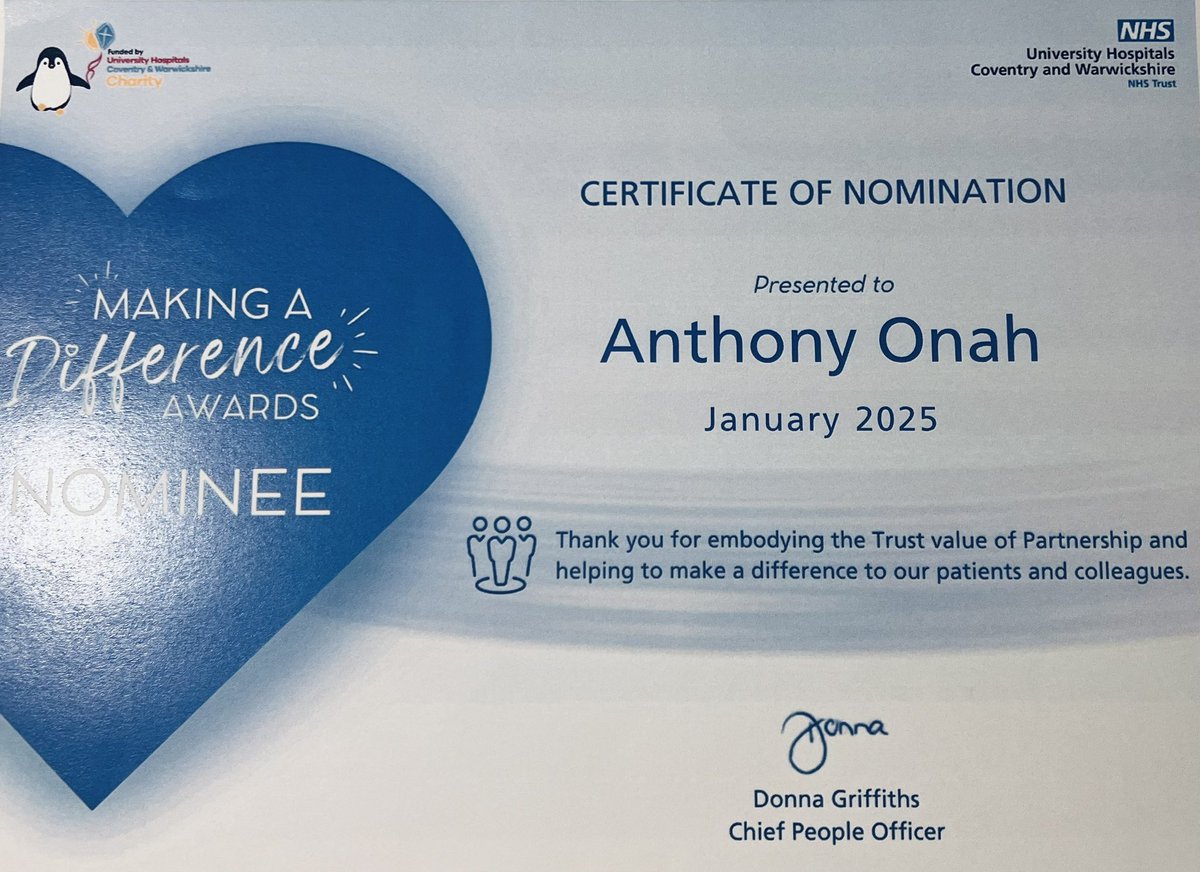 ny_Maximilian's tweet photo. A pleasure to have been presented with a nomination in the "Making a Difference Awards" 

My appreciation to my Team, my Team Leader, the Therapy Department and UHCW at large. 

We strive to keep the flag flying. 
#makingadifference #partnershipworking https://t.co/dg4XWw9qA5