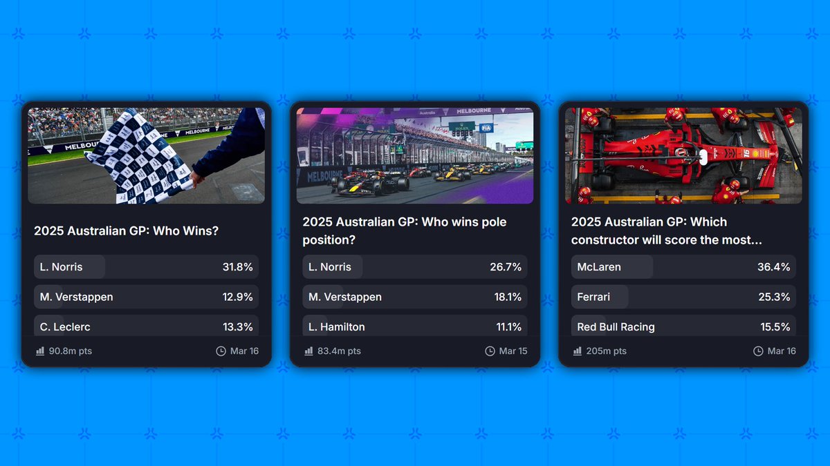 While USDC is the next evolution of MYRIAD, our points markets still matter!

[ SPORTS ]   2025 Australian Grand Prix.

- Who wins the event?
- Who wins pole position?
- Highest scoring constructor?