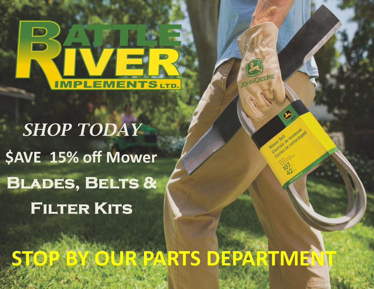 Maintenance Time! Save on #JohnDeere Mower blades, belts and filter kits.  Stop by our <a href="/BRILTD/">Battle River Implements</a> Parts Department.