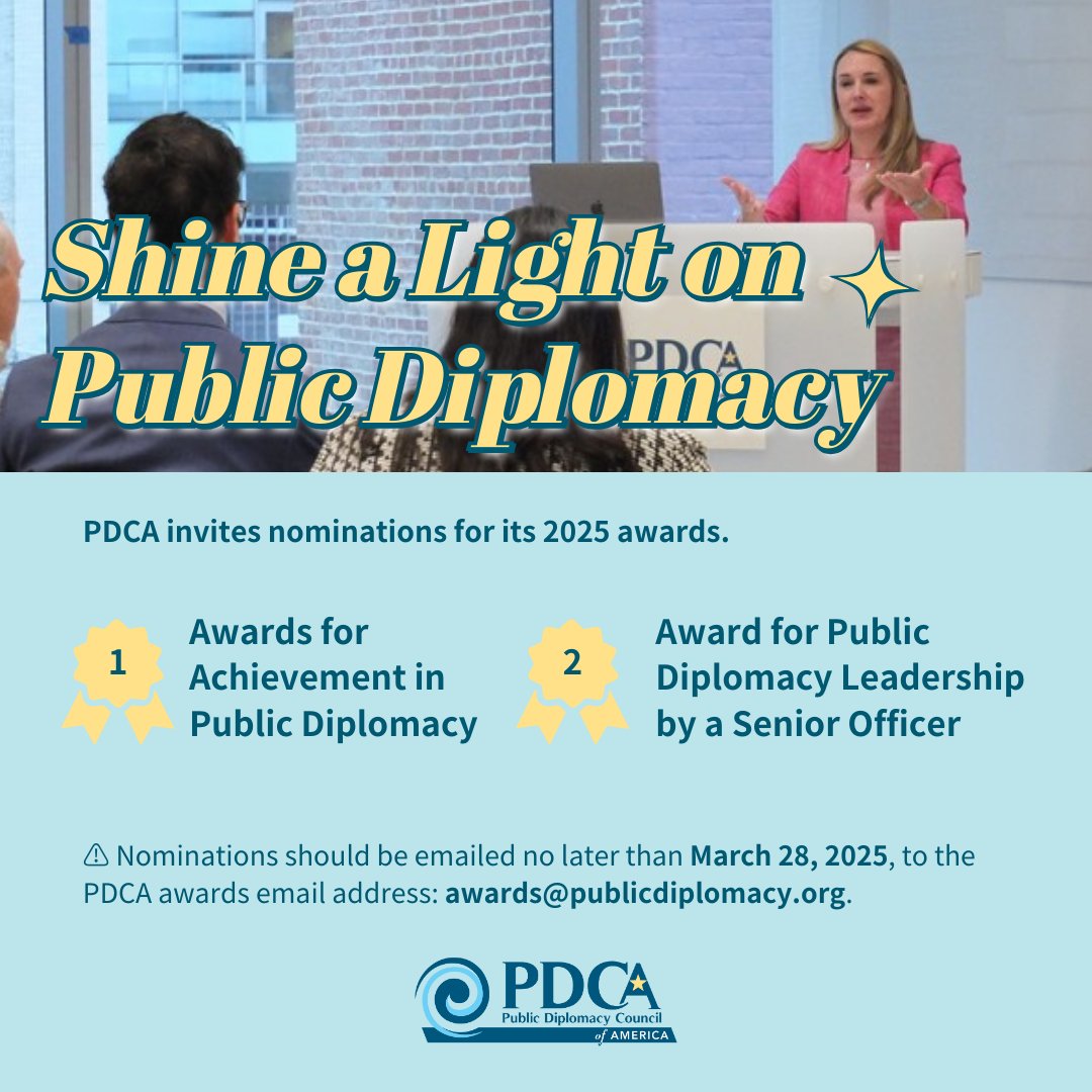 #PDCA invites nominations for its 2025 awards. We’ve been shining a light on outstanding U.S. #PublicDiplomacy since 1993.

🏆 Awards for Achievement in PD: publicdiplomacy.org/2025_pdca_awar…

🏆 Award for PD Leadership: publicdiplomacy.org/2025_pdca_awar…