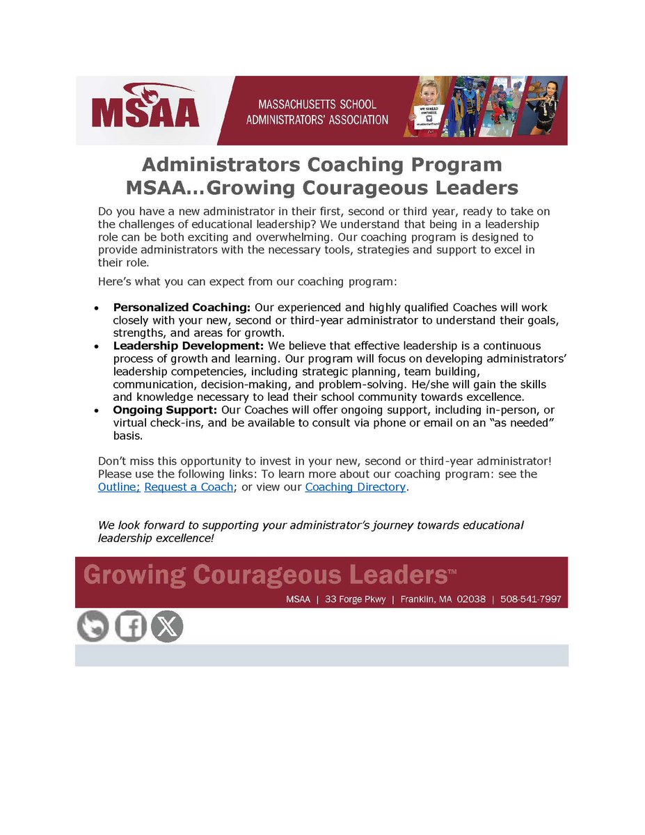 MSAA Administrators Coaching Program #GrowingCourageousLeaders -Don’t miss this opportunity to invest in your new, 2nd or 3rd-year administrator!  Request a Coach! tinyurl.com/yc422avr
<a href="/MASchoolsK12/">Massachusetts K-12</a> <a href="/MGeoghegan22/">Martin Geoghegan (he/him/his)</a> <a href="/BostonSchools/">BostonPublicSchools</a> <a href="/rickrogers409/">Rick Rogers</a> <a href="/DrCSJones/">Christopher Jones</a>
<a href="/PrincipalJQuinn/">John Quinn</a>