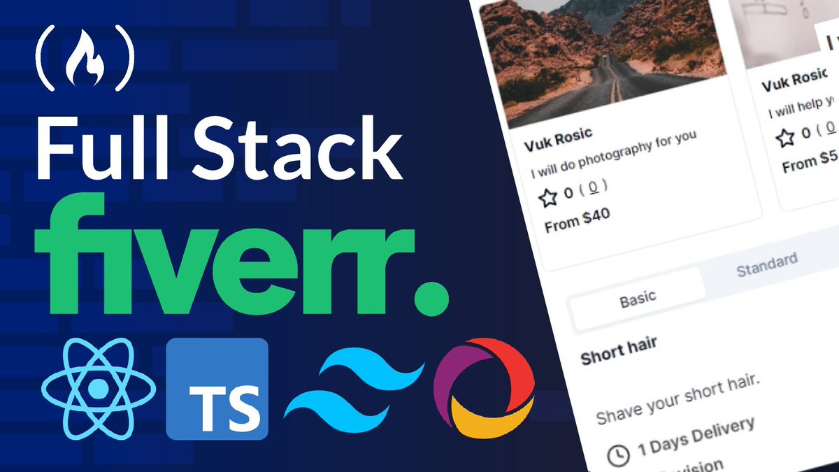 freeCodeCamp's tweet image. If you want to practice your full-stack dev skills, here's a fun course for you.
You'll build a Fiverr clone using popular tools like Next.js, React, and Tailwind CSS.
The course covers coding the front & back ends, database design, dynamic content, & more.…