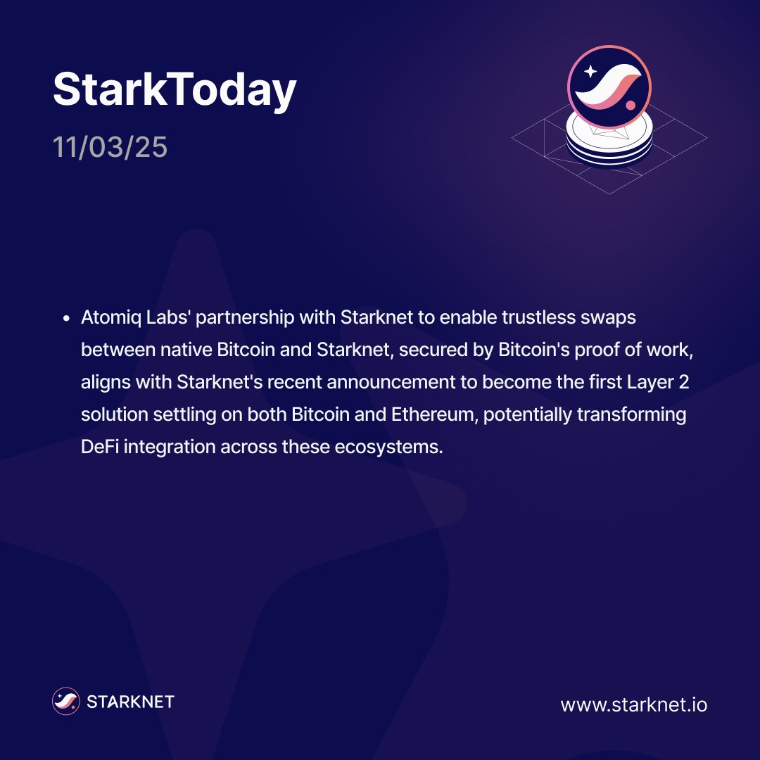 DittoWarrior's tweet photo. Catch today's #StarkToday highlights! π° Stay updated with the latest on @Starknet ecosystem.
Date: 11/03/25
Featuring Updates from:
-@Starknet
-@StarknetFndn
-@atomiqlabs
-@xverse https://t.co/W3mNGP9fIw
