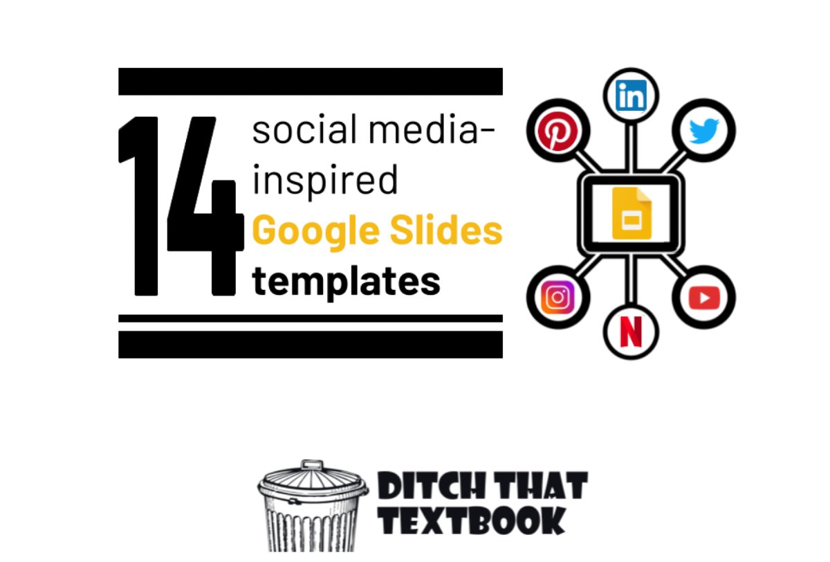 DitchThatTxtbk's tweet image. 12 FREE social media-inspired Google Slides templates!
📢Yelp
🎧Spotify
▶️YouTube
📺Netflix
👤LinkedIn
🐤Twitter
🤳Snapchat
🎬TikTok
📸Instagram
👍Facebook
📌Pinterest
Get 'em here: f.mtr.cool/dolynjwfjx #DitchBook #TechLAP