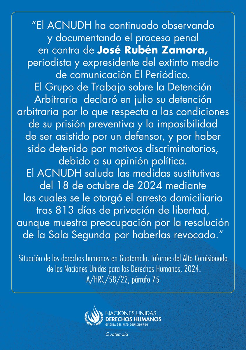 Con relación a la situación del periodista José Rubén Zamora, <a href="/Oacnudh_GT/">OACNUDH Guatemala</a> recuerda lo expresado por el Alto Comisionado <a href="/volker_turk/">Volker Türk</a> en su último Informe sobre la situación de los #DerechosHumanos en Guatemala, presentado al Consejo de Derechos Humanos el pasado 3 de marzo.
