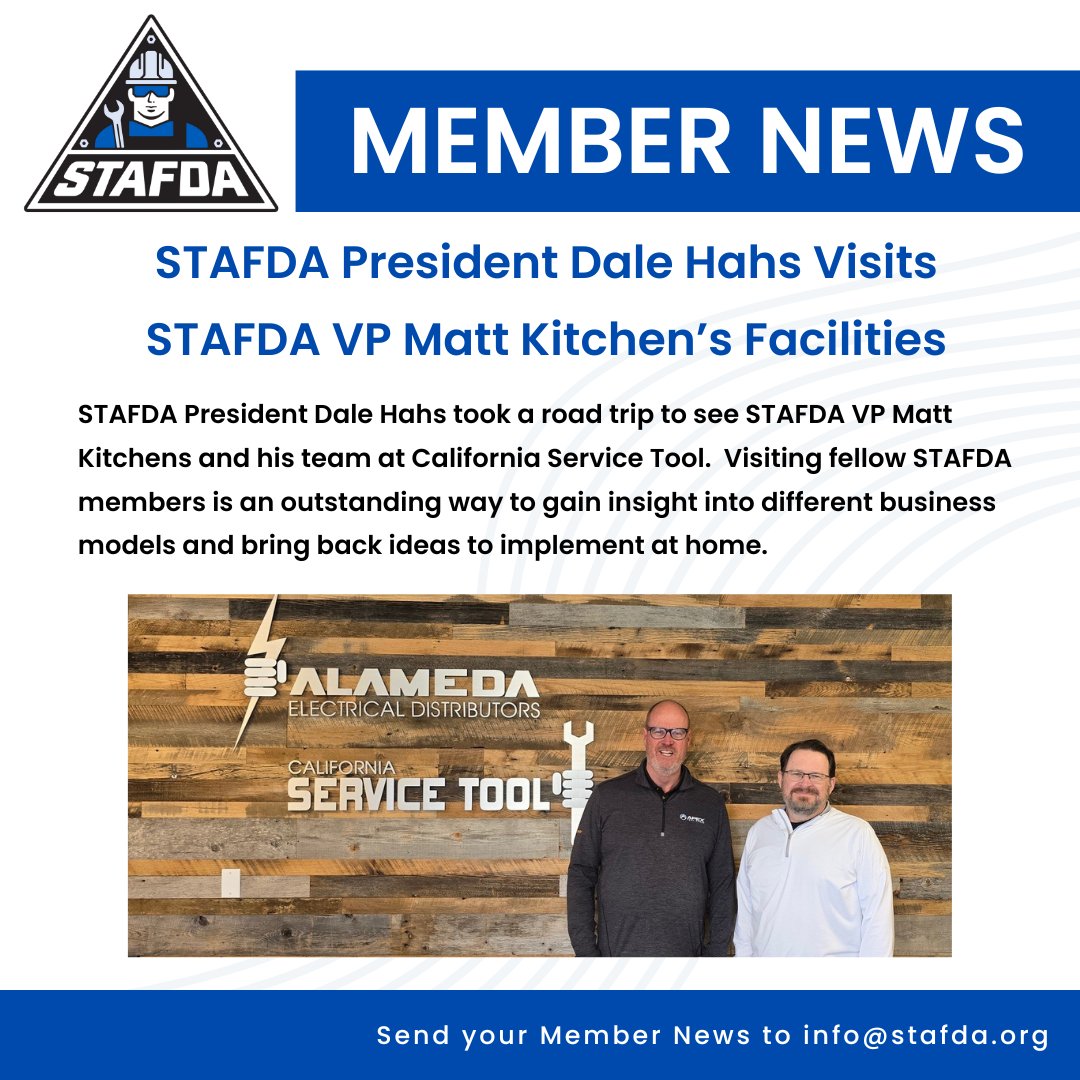 🚗 Dale had a great time learning how Matt and the California Service Tool team manage their warehousing, branch locations, and communications. 

Next time you're on vacation or traveling for work, check your STAFDA Directory for members in the area and reach out for a tour.