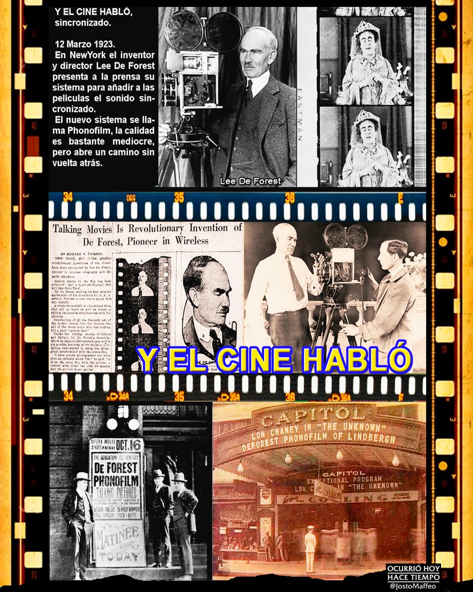 JostoMaffeo's tweet photo. 🎞️ 📽️ Y EL CINE HABLÓ, sincronizado.
12 Marzo 1923. En #NewYork el inventor y director Lee #DeForest presenta a la prensa su sistema para añadir a las #películas el #sonido óptico sincronizado.
Se llama #Phonofilm, la calidad es mediocre, pero abre un camino sin vuelta atrás. https://t.co/XdCiTXEJQ6