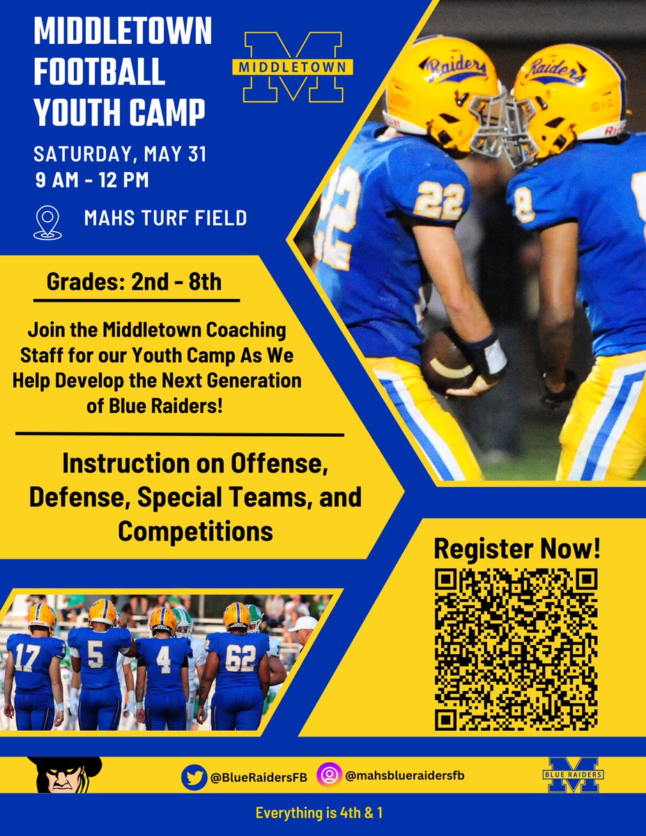 Join us Saturday, May 31st from 9AM-12PM on the Turf Field at Middletown Area High School for our Youth Football Camp. Register Now!