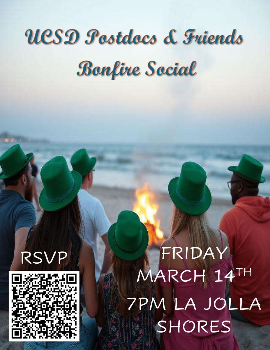 Hello!
Join fellow postdocs and other friends at La Jolla Shores for a St. Patrick's Day weekend bonfire social! 
Please RSVP here with your cell phone number and email so that we can keep you updated on the specific location of the group
RSVP: docs.google.com/forms/d/e/1FAI…