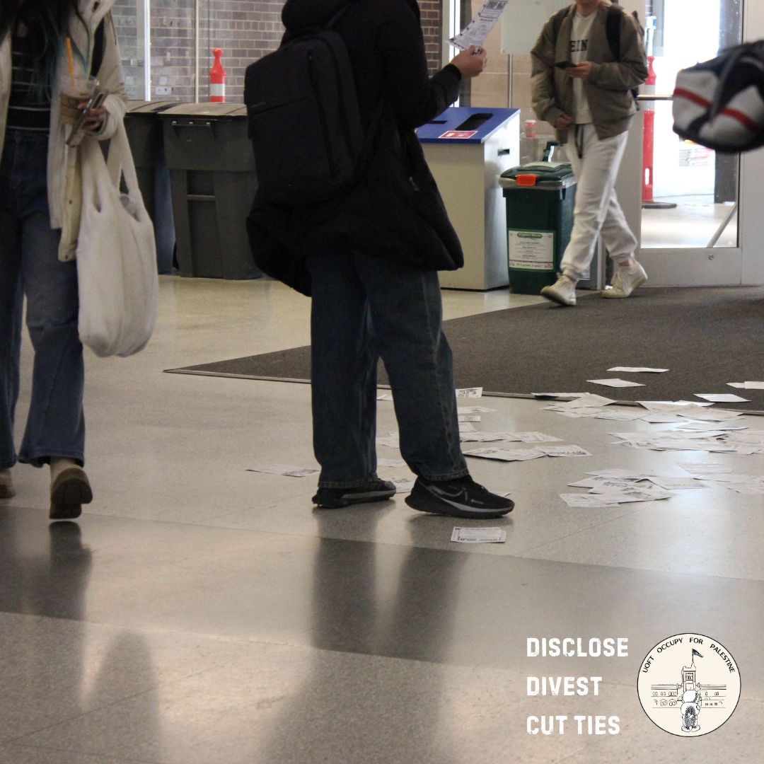 occupyuoft's tweet image. Yesterday we kicked off IAW with two banner drops and a flyer drop focussed on building student awareness around our new campaign: UOFT DROP HUJI. The banners stayed up for well over an hour and numerous students read our fliers, making the actions a resounding success!