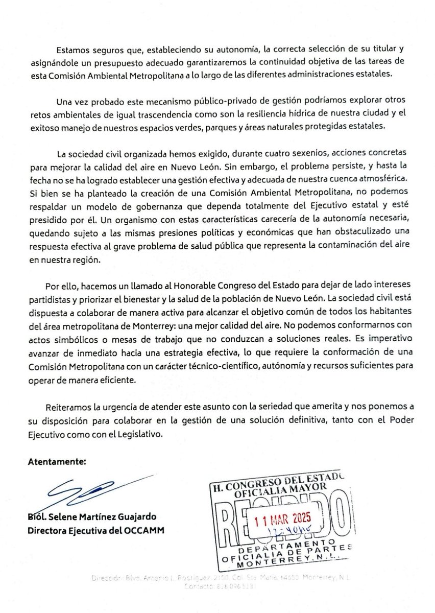 Hoy 11 de marzo de 2025 el Observatorio, Tecnológico de Monterrey, Tec Salud, Colegio de Médicos de NL, Tec Milenio, Pronatura Noreste, Consejo Cívico, Terra Habitus, Vertebra y la Alianza del Aire hicimos entrega de nuestra solicitud al H. Congreso del Estado...