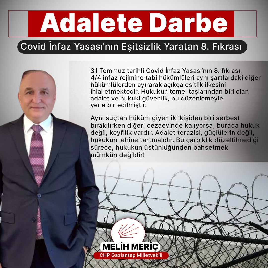 Adalete Darbe: Covid İnfaz Yasası'nın Eşitsizlik Yaratan 8. Fıkrası

31 Temmuz tarihli Covid İnfaz Yasası’nın 8. fıkrası, 4/4 infaz rejimine tabi hükümlüleri aynı şartlardaki diğer hükümlülerden ayırarak açıkça eşitlik ilkesini ihlal etmektedir. Hukukun temel taşlarından biri