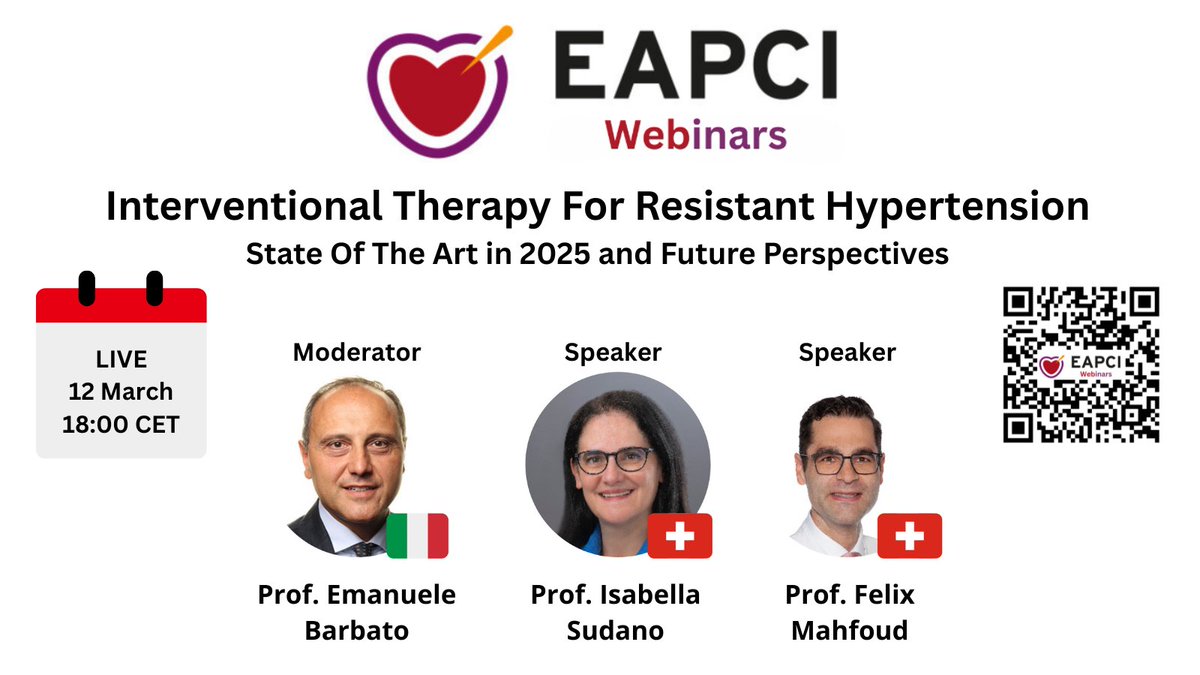 EAPCIPresident (@eapcipresident) on Twitter photo ❗️Get ready for tomorrows #EAPCIwebinar❗️
🎯Interventional Therapy for Resistant Hypertension:
➡️State of the Art in 2025 and Future Perspectives
🗓️12 March 2025⏰18:00 CET
RegisterForFree
🔗:esc365.escardio.org/person/8413
With:
<a href="/EmanueleBarba13/">Emanuele Barbato</a>
<a href="/FelixMahfoud/">Felix Mahfoud</a> and
Prof. I. Sudano ❗️Get ready for tomorrows #EAPCIwebinar❗️
🎯Interventional Therapy for Resistant Hypertension:
➡️State of the Art in 2025 and Future Perspectives
🗓️12 March 2025⏰18:00 CET
RegisterForFree
🔗:esc365.escardio.org/person/8413
With:
<a href="/EmanueleBarba13/">Emanuele Barbato</a>
<a href="/FelixMahfoud/">Felix Mahfoud</a> and
Prof. I. Sudano