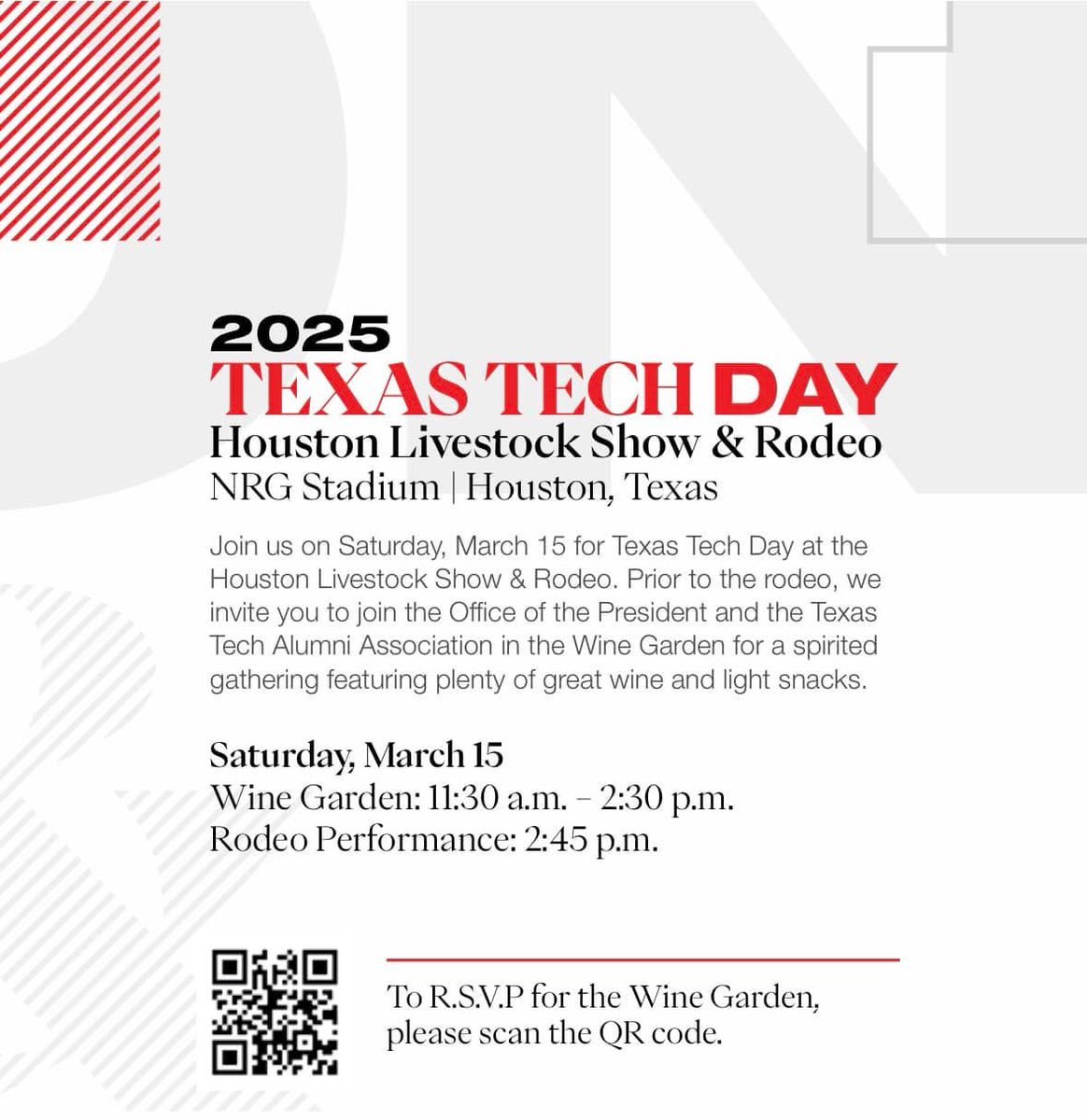 houstonttaa's tweet image. We can’t wait to see everyone this Saturday at Texas Tech Day at Rodeo Houston! The Wine Garden Reception will take place in the Hill Country Tent 🤠
