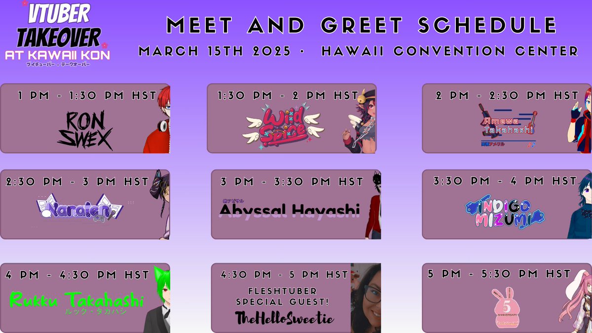 HI_VTuber_Expo's tweet photo. 【MEET AND GREET SCHEDULE】

Kawaii Kon and the VTuber Takeover at the @TwitchHawaii booth are just a few days away! 

Who are you excited to meet at Kawaii Kon?

#kawaiikon #VTuberTakeover https://t.co/P7xEBTsw67