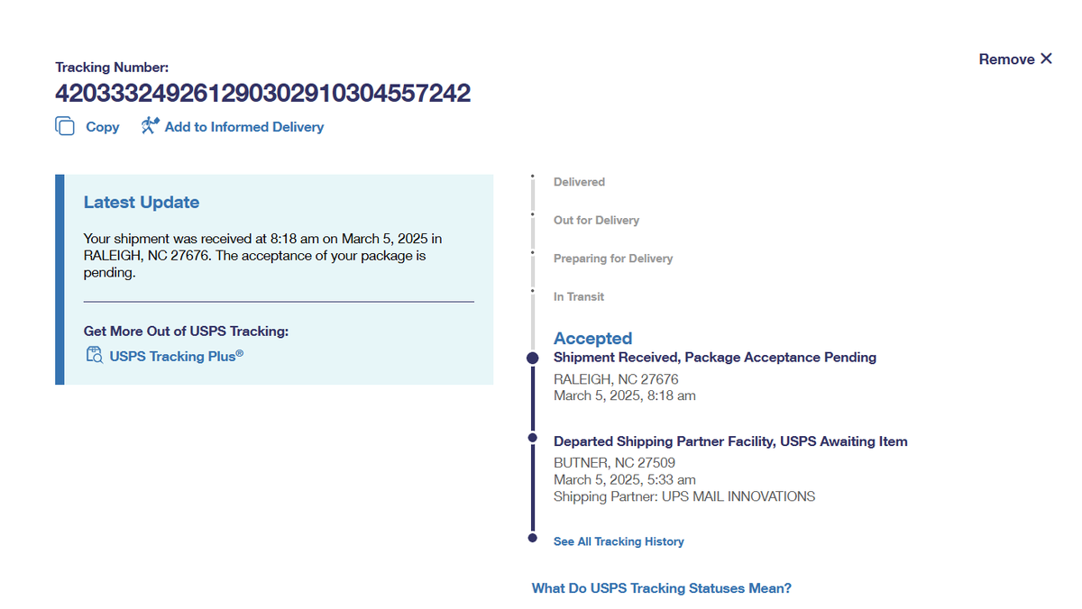 IDMdean's tweet photo. @USPS @USPSHelp  Second time I didn't my item. This time it's "pending acceptance"...since March 5!  Then when I went to your website to submit a customer service request I get the second screen capture to "try again later".  What is going on there at USPS??? https://t.co/8hJivLoQ1X