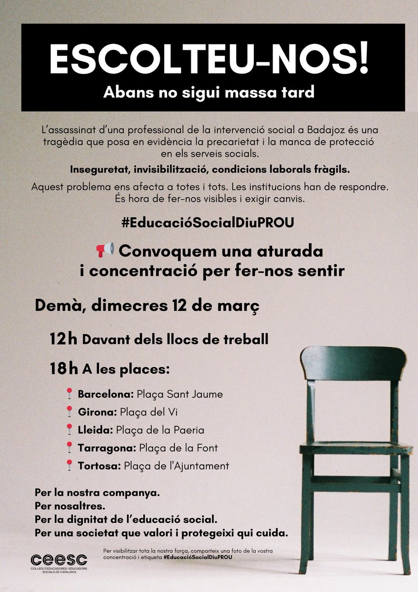 ESCOLTEU-NOS! Abans no sigui massa tard.

Per la nostra companya!
Per nosaltres!
Per la dignitat de l’educació social!
Per una societat que valori i protegeixi qui cuida!

#EducacióSocialDiuPROU

ceesc.cat/2014-11-03-13-…
