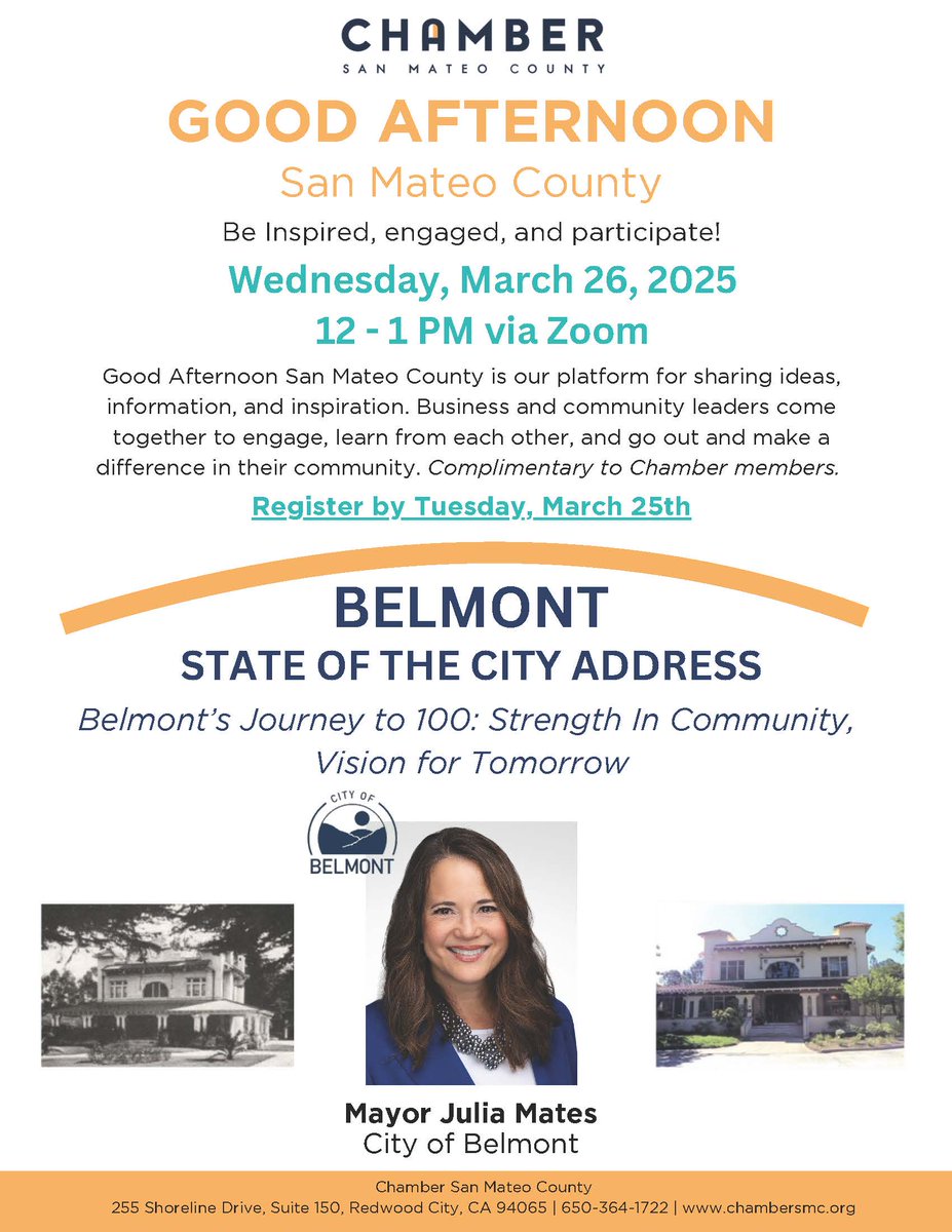 City of Belmont, CA (@mybelmont) on Twitter photo Join us and <a href="/chamber_smc/">Chamber San Mateo County</a> for the State of the City Address, Belmont’s Journey to 100: Strength in Community, Vision for Tomorrow, with Mayor <a href="/MatesJulia/">Julia Mates</a> on Wednesday, March 26, from 12 to 1 p.m. via Zoom. Please register by March 25 here: us02web.zoom.us/webinar/regist… Join us and <a href="/chamber_smc/">Chamber San Mateo County</a> for the State of the City Address, Belmont’s Journey to 100: Strength in Community, Vision for Tomorrow, with Mayor <a href="/MatesJulia/">Julia Mates</a> on Wednesday, March 26, from 12 to 1 p.m. via Zoom. Please register by March 25 here: us02web.zoom.us/webinar/regist…