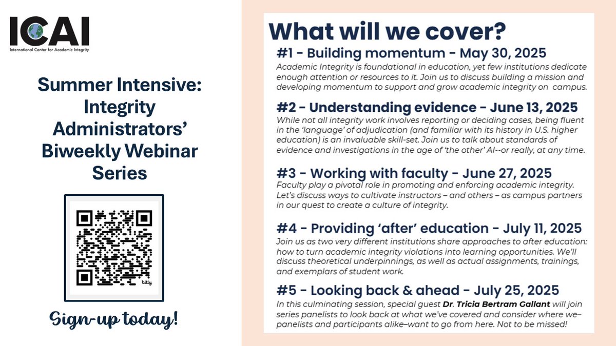 Introducing ICAI's Summer Intensive: Integrity Administrators' Biweekly Webinar Series. Join us beginning May 30, 2025 to learn more about topics important for academic integrity professionals. Visit tinyurl.com/436wpway for more information.