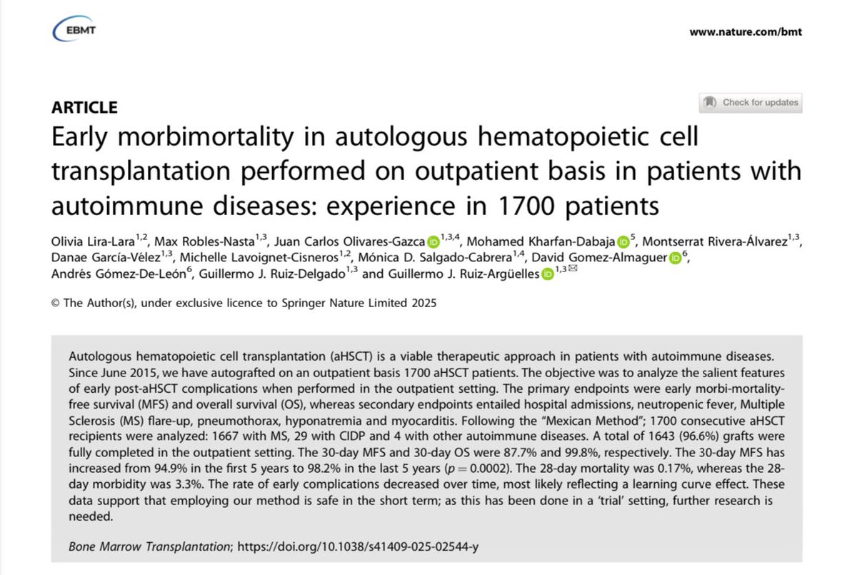 MKD_BMT's tweet image. The largest experience of autologous hematopoietic cell transplantation in 1700 patients with autoimmune diseases, in the outpatient setting, using the “Mexican method”. “Yes, it can be done” “Si se puede”@BMTjournal @GuillermoRuizA5 @dgomezalmaguer @GomezDLeonMD