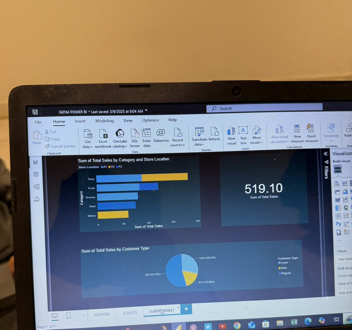 Tima_2030's tweet image. أنشأت Data وهمية لعمل داش بورد لتحليل احصائيات لغرض التدريب 
السوبرماركت: يعرض إجمالي المبيعات حسب الفئات ونوع العميل.
المدرسة: تعرض توزيع الدرجات حسب المواد الدراسية.
المستشفى: توضح توزيع المرضى حسب الأقسام والجنس
#GDG_Data_Analysis
#عزام_تحتزم_فيه 
#قوقل_تحليل_البيانات