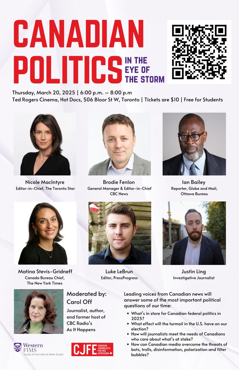 CJFE (@cjfe) on Twitter photo On March 20, top Canadian journalists take the stage at <a href="/HotDocsCinema/">Hot Docs Cinema</a> to discuss disinformation, polarization, and what’s at stake in the 2025 election.
🎟️ $10 (free for students). Presented by CJFE & <a href="/westernuFIMS/">Faculty of Information & Media Studies (FIMS)</a>.
hotdocs.ca/whats-on/films… On March 20, top Canadian journalists take the stage at <a href="/HotDocsCinema/">Hot Docs Cinema</a> to discuss disinformation, polarization, and what’s at stake in the 2025 election.
🎟️ $10 (free for students). Presented by CJFE & <a href="/westernuFIMS/">Faculty of Information & Media Studies (FIMS)</a>.
hotdocs.ca/whats-on/films…