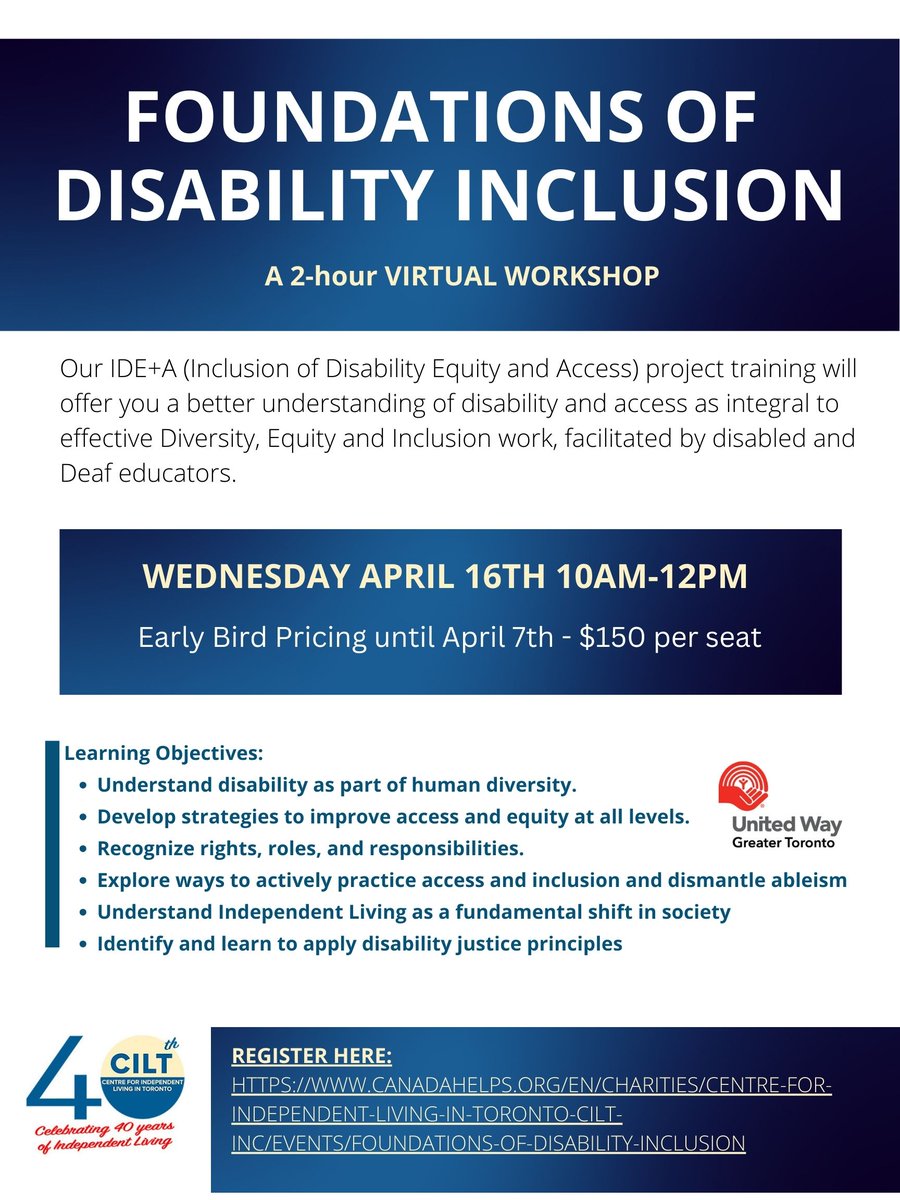 CILT is thrilled to announce a public pay-per-seat offering of our IDE+A workshop: Foundations of Disability Inclusion on April 16th from 10am-12pm!

Register for co-led training by disabled &amp; Deaf facilitators building on disability inclusion knowledge &amp; best practices. 1/2