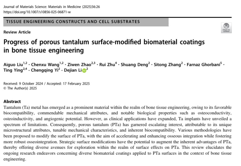 Farnaz Ghorbani (@farnaz23591) on Twitter photo Happy to be part of this collaborative effort with former colleagues <a href="/FudanUniv/">FuDan University</a>! Our #open_access review paper on porous #tantalum surface-modified biomaterials is now online in the Journal of Materials Science: Materials in Medicine <a href="/SpringerNature/">Springer Nature</a> link.springer.com/article/10.100⦠Happy to be part of this collaborative effort with former colleagues <a href="/FudanUniv/">FuDan University</a>! Our #open_access review paper on porous #tantalum surface-modified biomaterials is now online in the Journal of Materials Science: Materials in Medicine <a href="/SpringerNature/">Springer Nature</a> link.springer.com/article/10.100ā¦