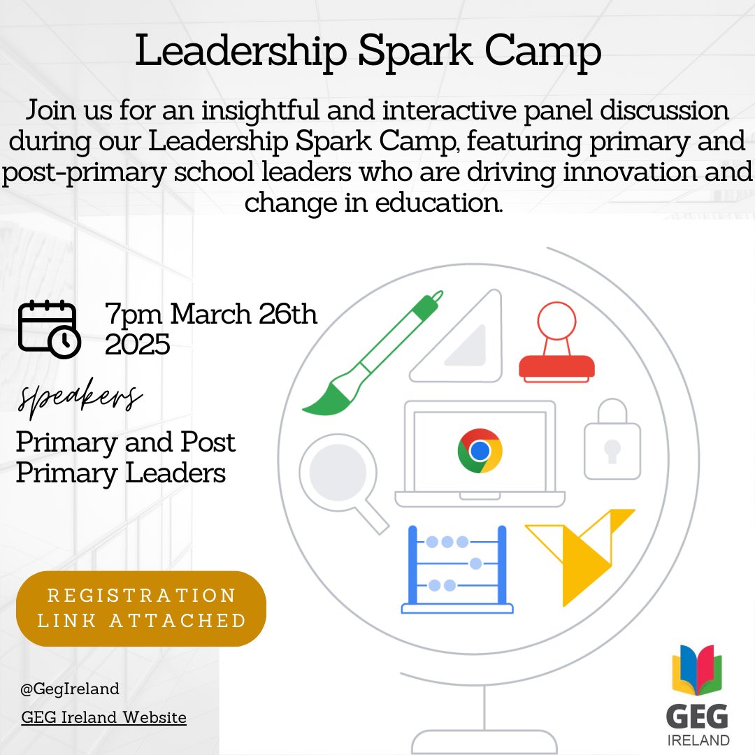 We are delighted to invite you to our rescheduled Leadership Spark Camp Panel Discussion on Wednesday, March 26th. 

Really looking forward to hearing digital leaders from Primary and Post-Primary schools sharing their experiences.

Register here: docs.google.com/forms/d/e/1FAI…