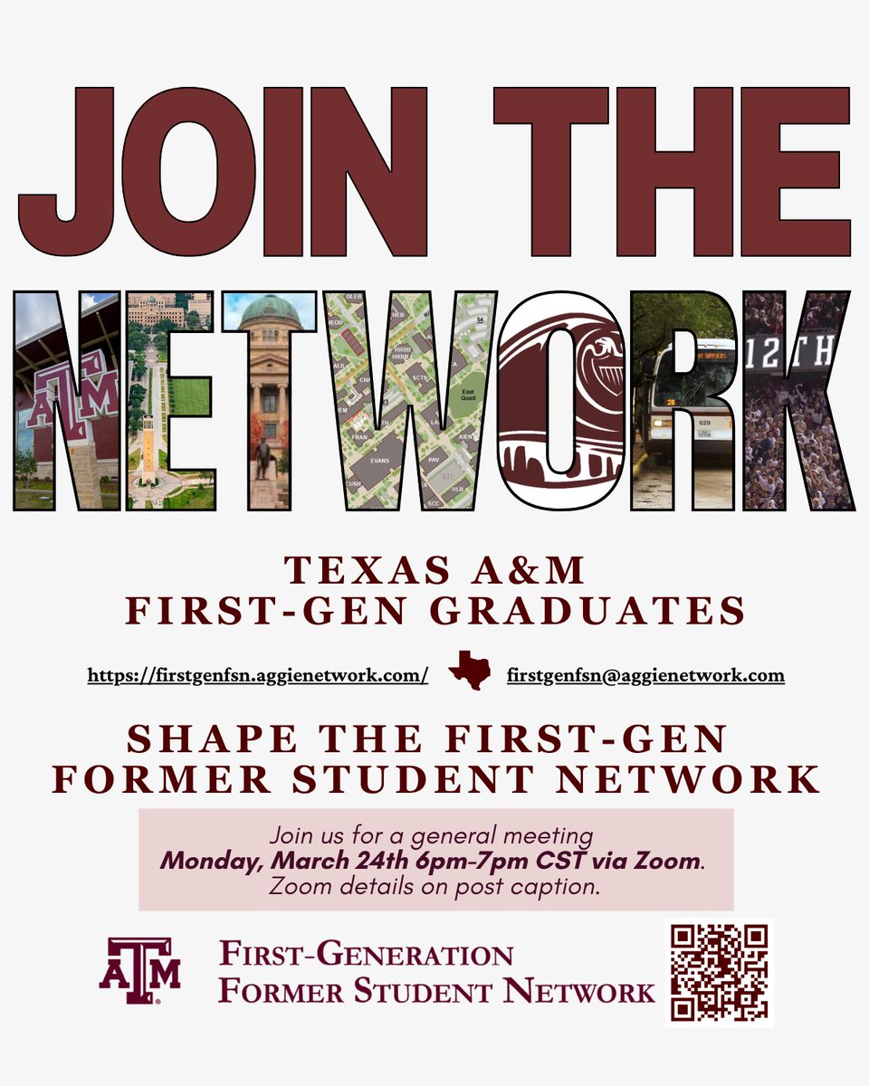 🌟 Calling all First-Gen Aggies! 🌟
Join the Texas A&amp;M First Gen Former Student Network! Our general meeting is Monday, March 24th from 6-7 PM CST.
Join a committee: Membership, Finance, Activities, University Relations, or General! 🤝💬
🔗 RSVP: lnkd.in/gXNC4FPR