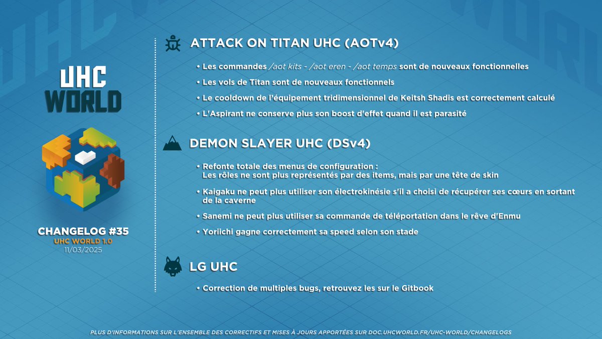 UHC World (@uhcworld) on Twitter photo Nous sentions bien que nos communautés DS et AOT se sentaient délaissées, nous vous proposons donc une mise à jour qui se concentre sur eux, avec d'autres possiblement en préparation... 👀 
De plus, tous les changelogs seront sur GitBook désormais !
➡️ doc.uhcworld.fr/uhc-world/chan… Nous sentions bien que nos communautés DS et AOT se sentaient délaissées, nous vous proposons donc une mise à jour qui se concentre sur eux, avec d'autres possiblement en préparation... 👀 
De plus, tous les changelogs seront sur GitBook désormais !
➡️ doc.uhcworld.fr/uhc-world/chan…