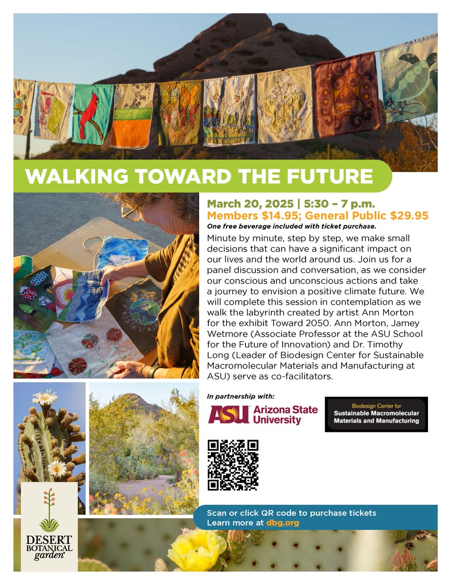 🌿🌍 Step by step, our daily choices shape our future. Join us on March 20 at <a href="/dbgphx/">Desert Botanical Garden</a> for "Walking Toward the Future," a journey exploring mindful action for a sustainable future. 
Featuring Ann Morton, Jamey Wetmore, and <a href="/TimLongASU/">Tim Long</a>.
🎟️ dbg.org/events/walking…
