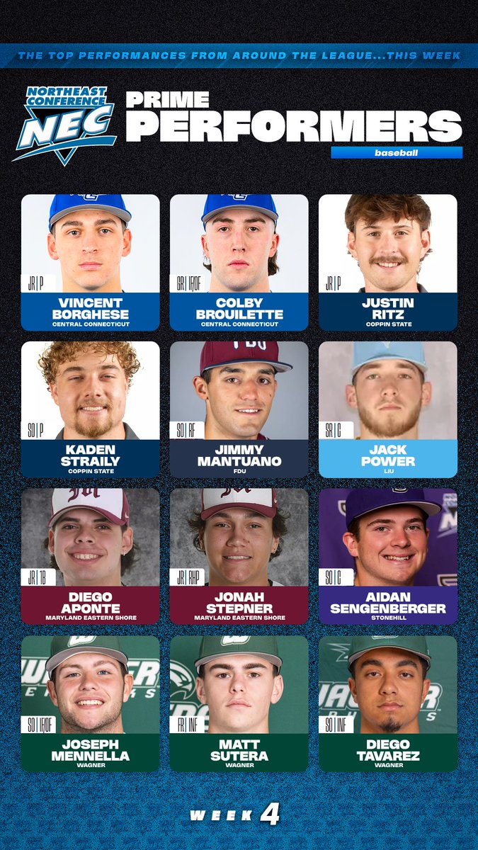 NEC Baseball (@necbaseball) on Twitter photo #NECPrimePerformers of Week 4 of #NECBaseball!
🔹Borghese & Brouilette, <a href="/CCSUBlueDevils/">CCSU Blue Devils</a>
🔹 Ritz & Straily, <a href="/coppinsports/">Coppin Sports</a>
🔹Mantuano, <a href="/FDUKnights/">FDU Knights</a>
🔹Power, <a href="/LIUAthletics/">LIU Athletics</a>
🔹Aponte & Stepner, <a href="/UMESHawkSports/">Maryland Eastern Shore Hawk Athletics</a>
🔹Sengenberger, <a href="/GoStonehill/">Stonehill Athletics</a>
🔹Mennella, Sutera & Tavarez, <a href="/WagnerAthletics/">Wagner Seahawks</a> #NECPrimePerformers of Week 4 of #NECBaseball!
🔹Borghese & Brouilette, <a href="/CCSUBlueDevils/">CCSU Blue Devils</a>
🔹 Ritz & Straily, <a href="/coppinsports/">Coppin Sports</a>
🔹Mantuano, <a href="/FDUKnights/">FDU Knights</a>
🔹Power, <a href="/LIUAthletics/">LIU Athletics</a>
🔹Aponte & Stepner, <a href="/UMESHawkSports/">Maryland Eastern Shore Hawk Athletics</a>
🔹Sengenberger, <a href="/GoStonehill/">Stonehill Athletics</a>
🔹Mennella, Sutera & Tavarez, <a href="/WagnerAthletics/">Wagner Seahawks</a>