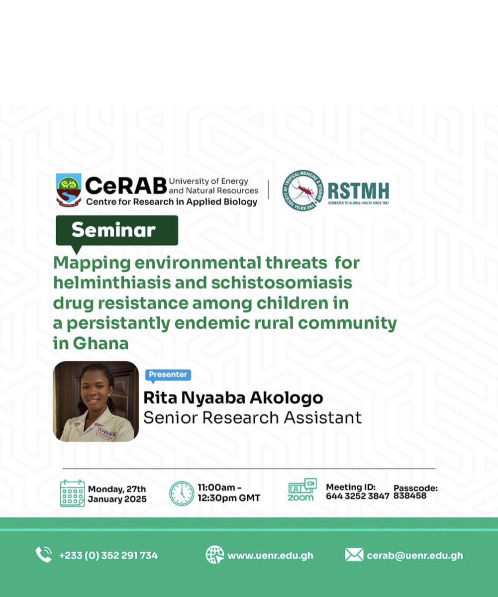 Rita Nyaaba Akologo (@akologorita) on Twitter photo Honored among 299 (10.6%) awardees of <a href="/RSTMH/">Royal Society of Tropical Medicine and Hygiene</a>'s 2024 Early Career Grant (£5k) to study antihelminthic efficacy against schistosomiasis & helminthiasis among children in Ghana. Grateful to supervisor <a href="/timmy_donkoh/">ET Donkoh</a> at the <a href="/CeRAB_UENR/">Centre for Research in Applied Biology</a> and PI for <a href="/screenandtreat/">Screen-and-Treat Research Group</a> Honored among 299 (10.6%) awardees of <a href="/RSTMH/">Royal Society of Tropical Medicine and Hygiene</a>'s 2024 Early Career Grant (£5k) to study antihelminthic efficacy against schistosomiasis & helminthiasis among children in Ghana. Grateful to supervisor <a href="/timmy_donkoh/">ET Donkoh</a> at the <a href="/CeRAB_UENR/">Centre for Research in Applied Biology</a> and PI for <a href="/screenandtreat/">Screen-and-Treat Research Group</a>