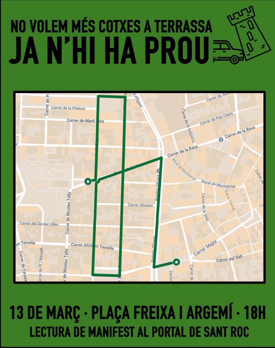 📣Aquest dijous sortirem al carrer per reivindicar el nostre model de Terrassa: amable, verda i sostenible!

📍Sortirem de la Plaça Freixa i Argemí a les 18h i llegirem el Manifest Unitari al Portal de Sant Roc.

#terrassamesostenible #Terrassa #sostenibilitat #revolucióverda