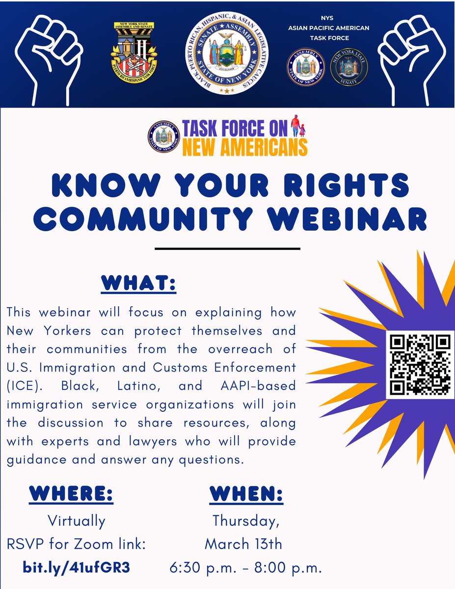 This Thursday, join legislators and community leaders for the 'Know Your Rights' Community Webinar. The webinar will be focused on teaching New Yorkers to protect their communities from ICE's overreach by sharing resources and legal advice. Register here: Bit.ly/41ufGR3
