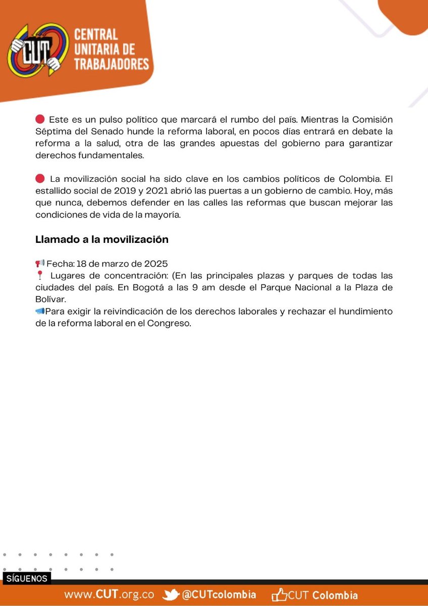 La CUT, CTC y CGT; las Confederaciones de Pensionados CDP y CPC, y múltiples organizaciones sociales que conforman la Asamblea Nacional por el Cambio rechazan el hundimiento de la #ReformaLaboralYa
<a href="/LorenaRiosC/">Lorena Ríos Cuéllar</a> - <a href="/EsperanzaSenado/">Esperanza Andrade Serrano</a> - <a href="/AnaPaolaAgudelo/">AnaPaolaAgudelo</a> - <a href="/nadiablel/">Nadia Blel Scaff</a> - <a href="/JAlirioBarreraR/">Alirio Barrera🐴</a>