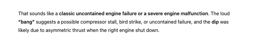 I still don’t know what caused the engine to fail.

What I do know:

✅@delta's crew was fantastic from the cockpit to the terminal.
✅Passengers stayed incredibly calm throughout.
✅ Delta got us to LA just 8 hours later, remarkable really.

Here is ChatGPT's take:
