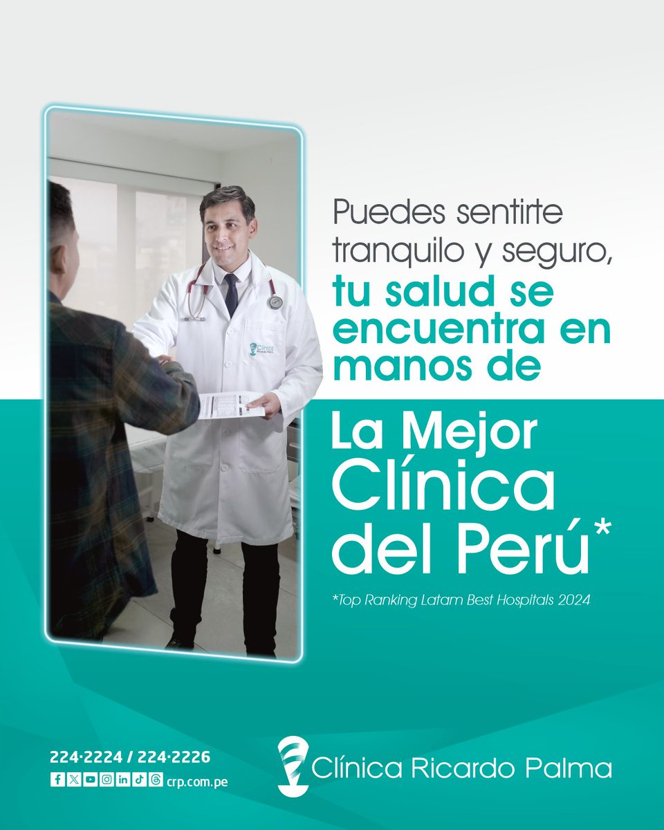 📌 Tu salud se encuentra en manos de la MEJOR CLÍNICA del Perú 🏥

👉 Somos la mejor clínica del país, según el Top Ranking Latam Best Hospitals 2024. Y seguimos mejorando para cuidar de ti y tu salud.

#ClínicaRicardoPalma #LaMejorClínicaDelPerú #CRP