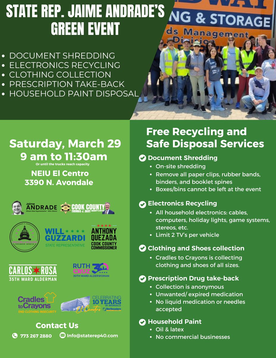 Recycling &amp; Shredding Event ♻️🗑️📅 Saturday, March 29 | ⏰ 9:00–11:30 AM
📍 NEIU El Centro Campus, 3390 N. Avondale✔️ Document Shredding
✔️ Electronics Recycling
✔️ Clothing Collection
✔️ Prescription Take-Back