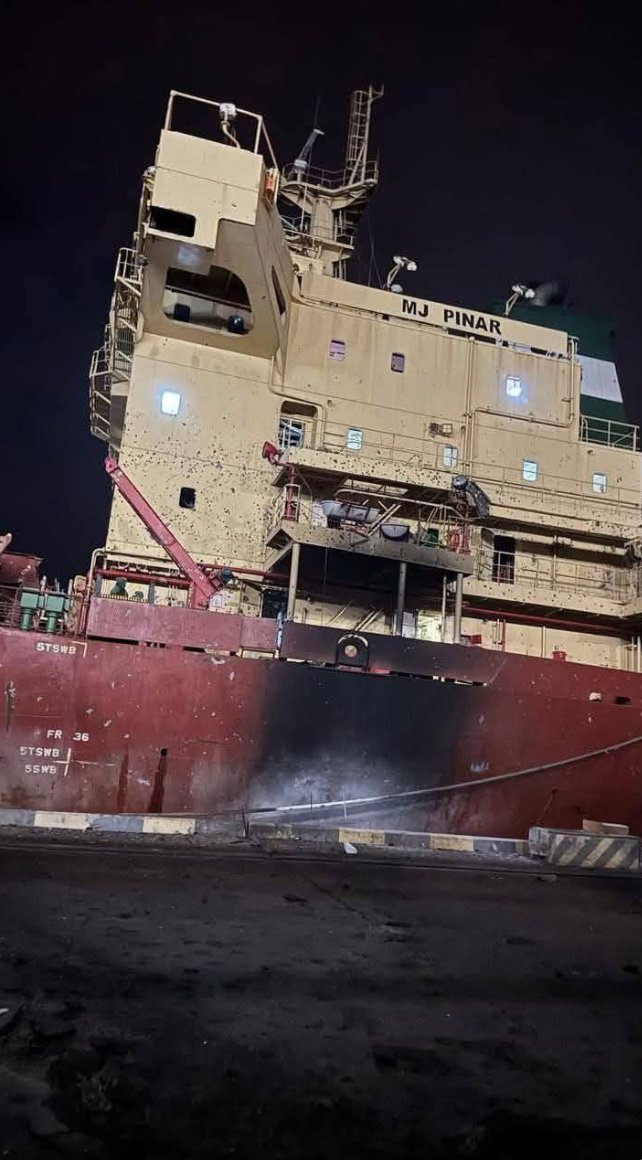 exit266's tweet photo. This evening the Barbados flagged MJ PINAR was struck in the port of Odesa by a Russian missile while  loading grain, I believe five crew members are dead. The MJ PINAR has made numerous trips to the Odesa Area ports since April of 2024.

Ship traffic continues to Odesa. https://t.co/4KWqHAAc9n
